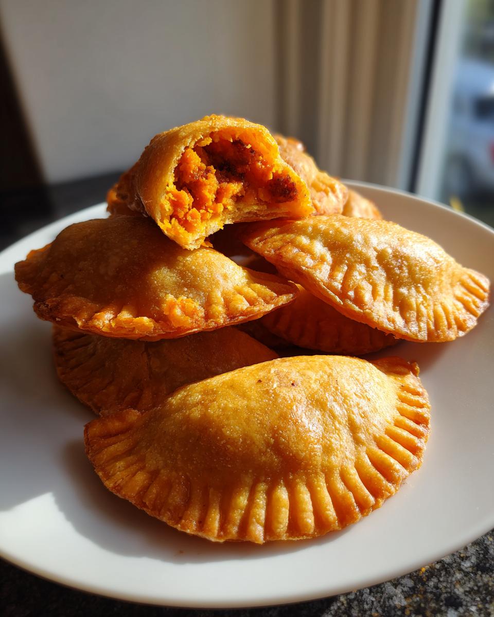 A stack of golden-brown Sweet Potato Chorizo Empanada Bites, one cut open showing the orange filling.