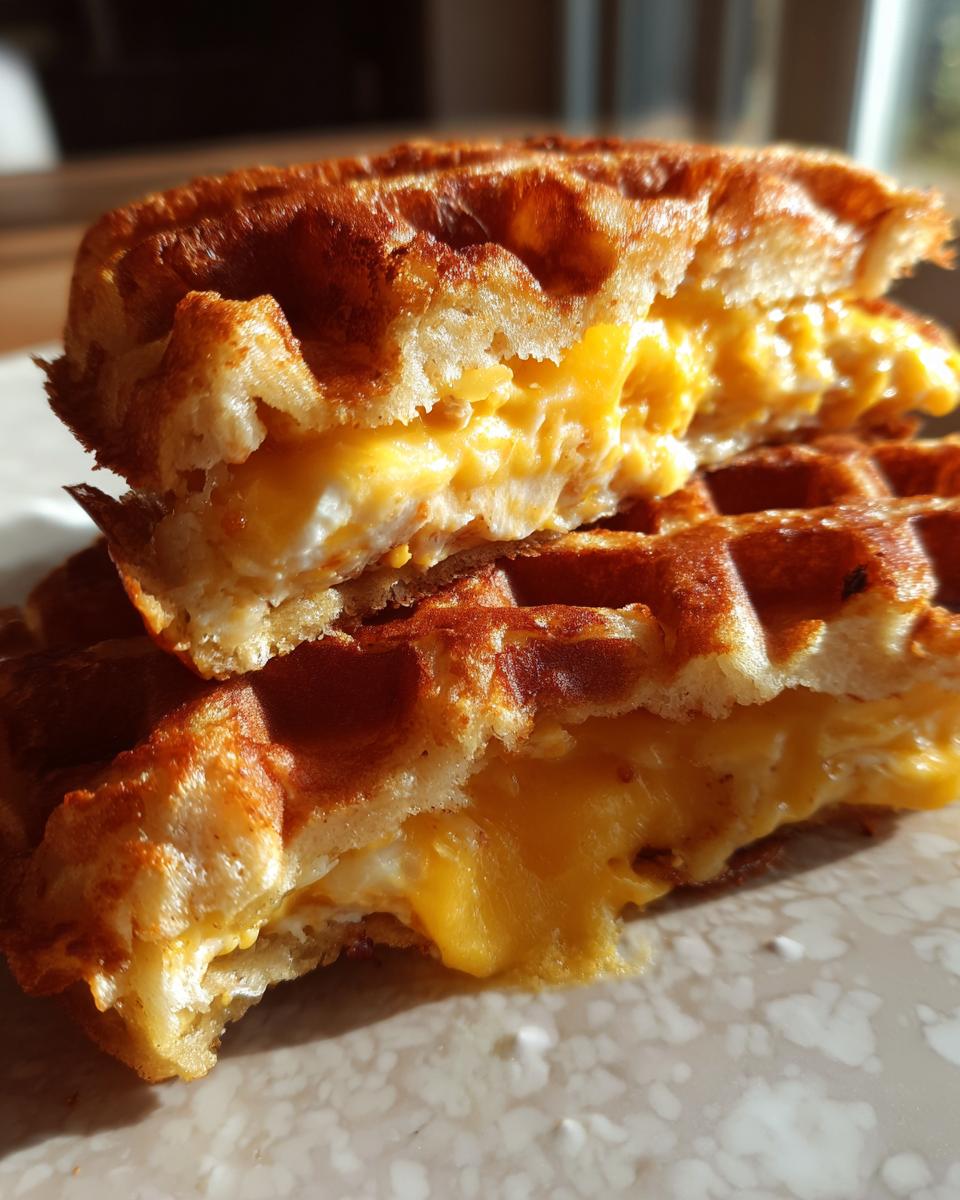 Close-up of a Sweet Waffle Grilled Cheese For Breakfast cut in half showing gooey melted cheese.