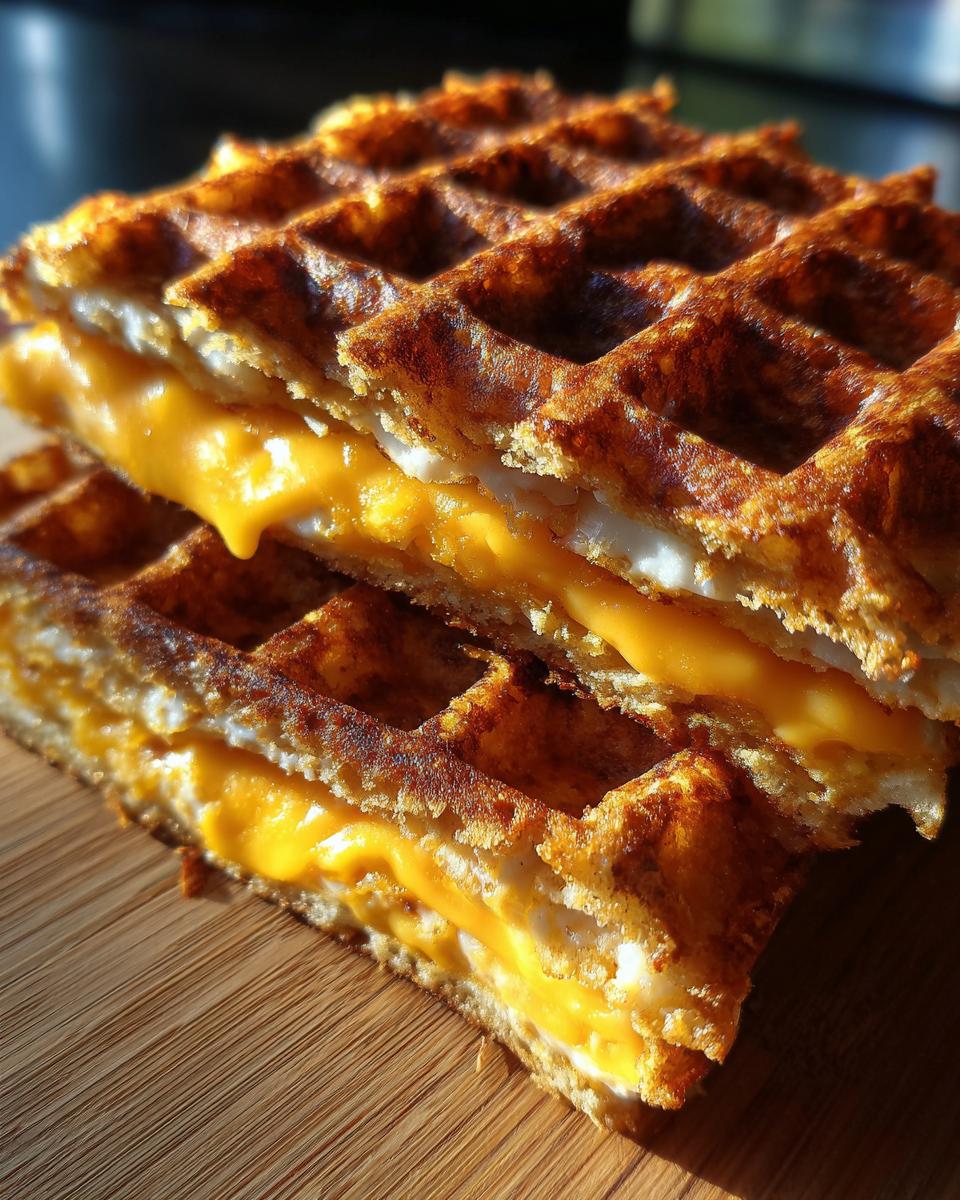Two halves of a Sweet Waffle Grilled Cheese For Breakfast stacked, showing melted cheddar cheese oozing out.