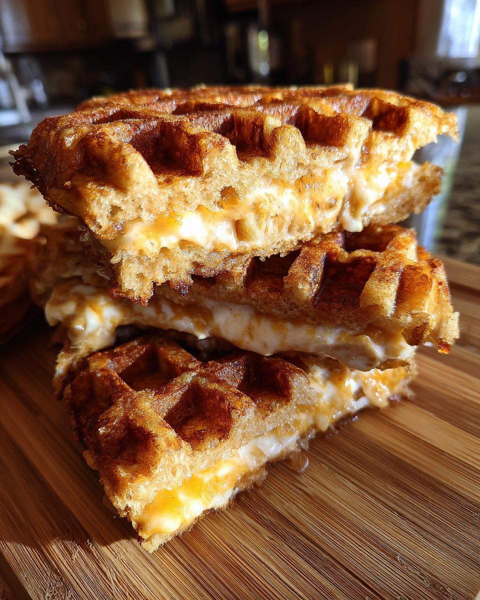 Close-up of a stack of Sweet Waffle Grilled Cheese halves showing gooey melted cheddar cheese filling.