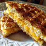 Close-up of a Sweet Waffle Grilled Cheese for Breakfast cut in half, showing gooey melted cheddar cheese.
