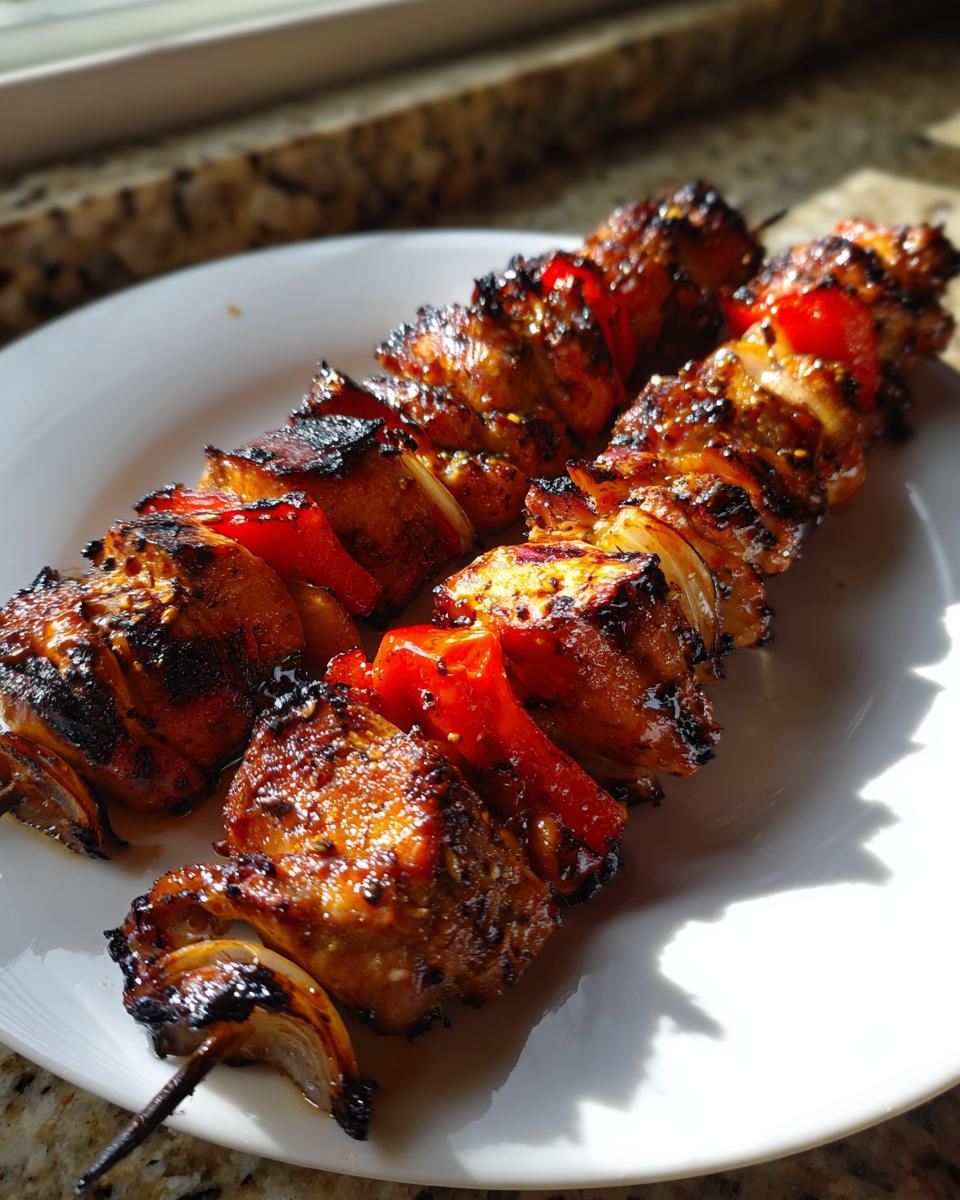 Two skewers of glistening, caramelized Teriyaki Grilled Chicken Kabobs with chunks of red pepper and onion, served on a white plate.