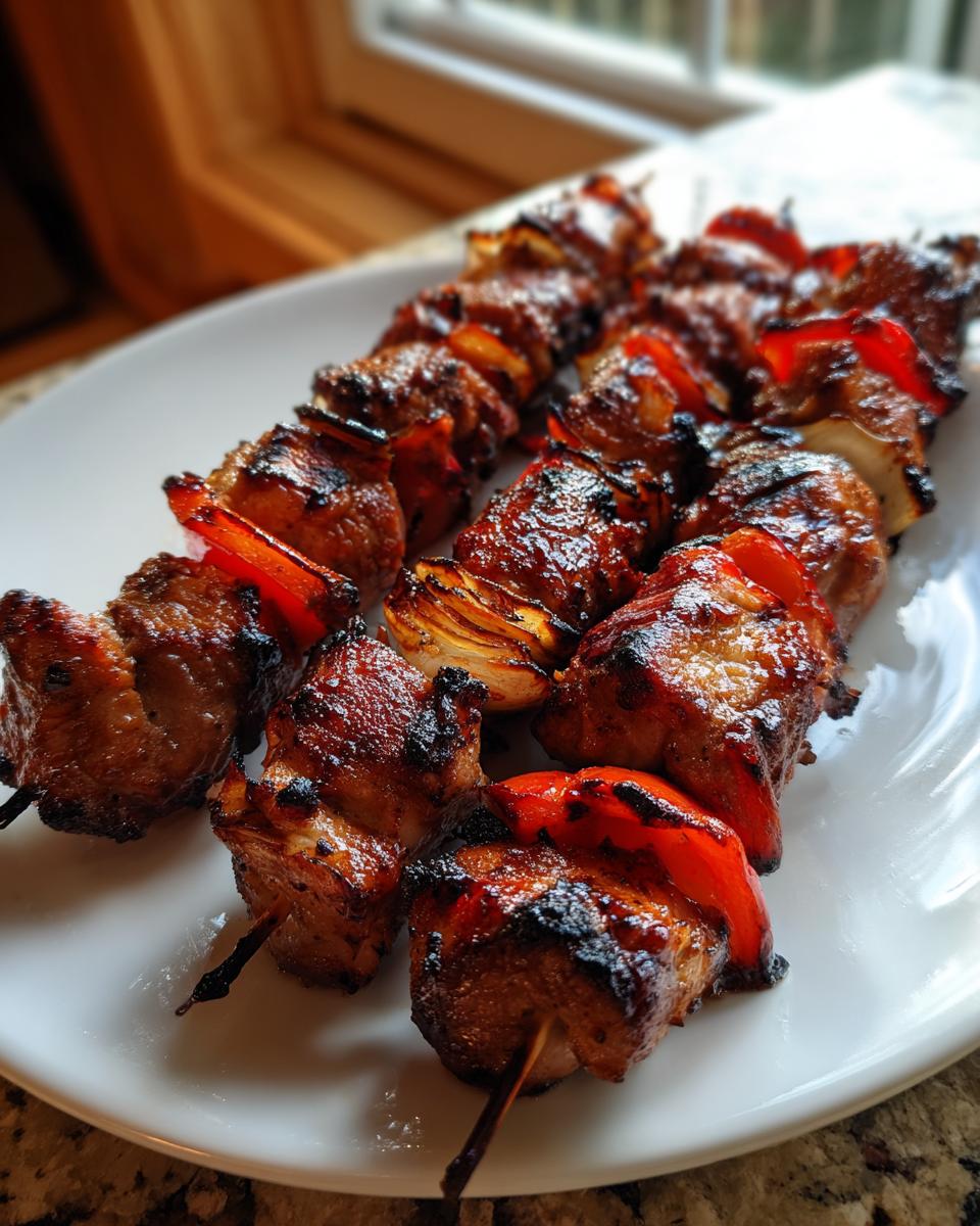 Close-up of three skewers of glossy, grilled Teriyaki Grilled Chicken Kabobs with charred onions and red peppers.