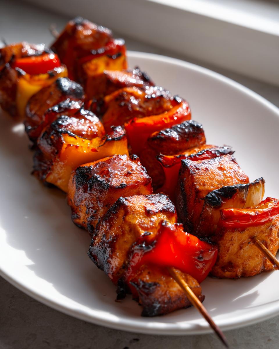 Close-up of two Teriyaki Grilled Chicken Kabobs with charred edges and colorful peppers on a white plate.