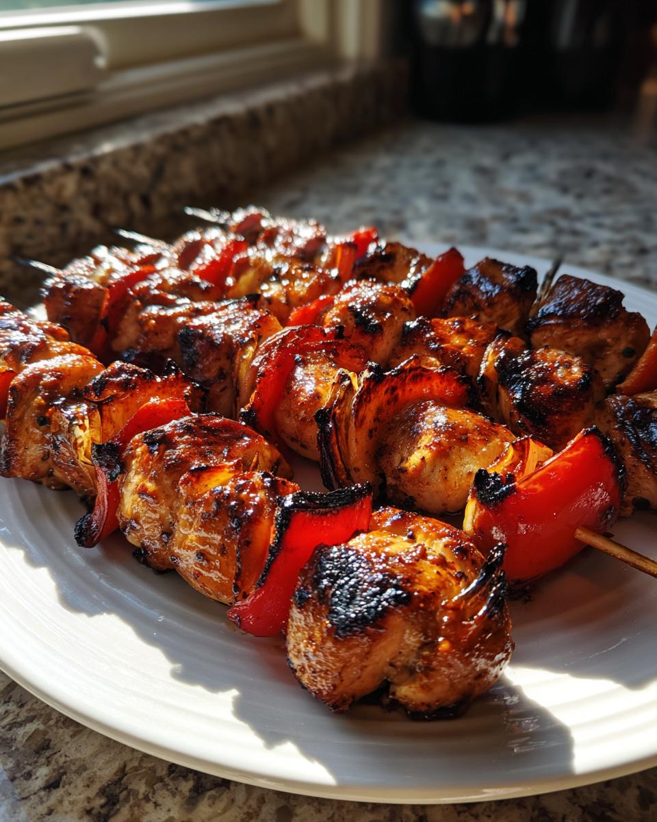 Close-up of perfectly grilled Teriyaki Grilled Chicken Kabobs with charred edges and bright red peppers.