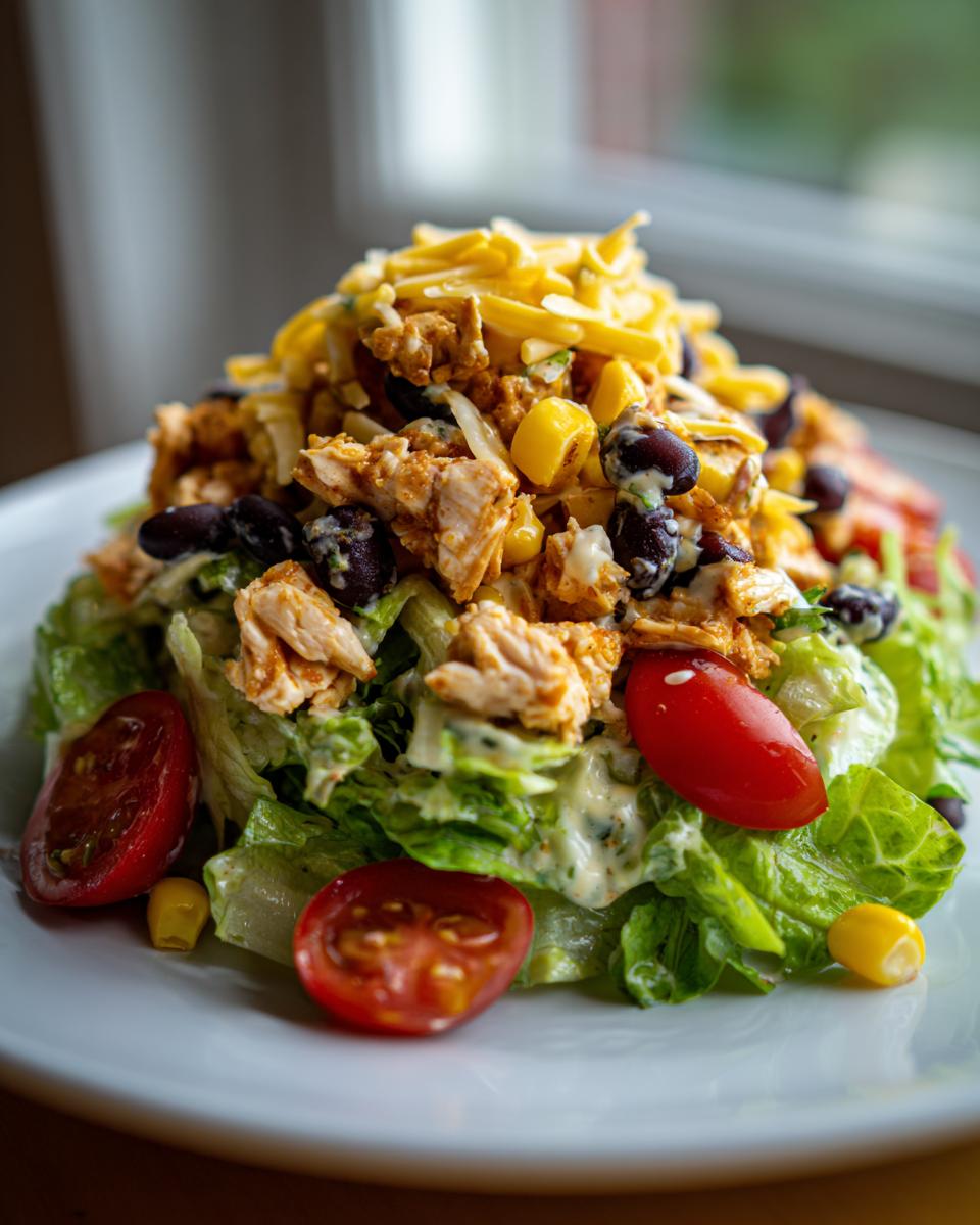 A vibrant close-up of Tex Mex Chopped Chicken Salad featuring seasoned chicken, black beans, corn, and shredded cheese over lettuce.