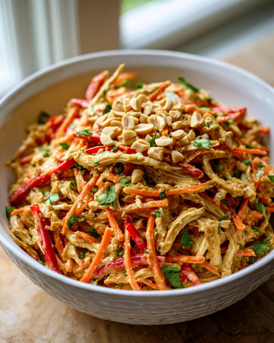 Close-up of shredded chicken and julienned vegetables coated in peanut sauce for Thai Chicken Salad With Peanut Dressing.