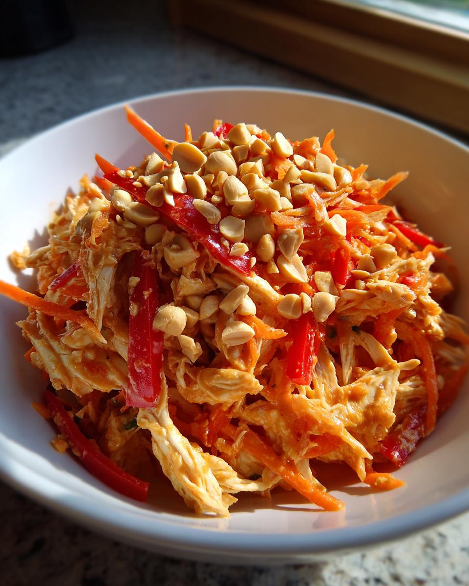 Close-up of shredded chicken salad mixed with carrots and red peppers, topped with peanuts, part of the Thai Chicken Salad With Peanut Dressing.
