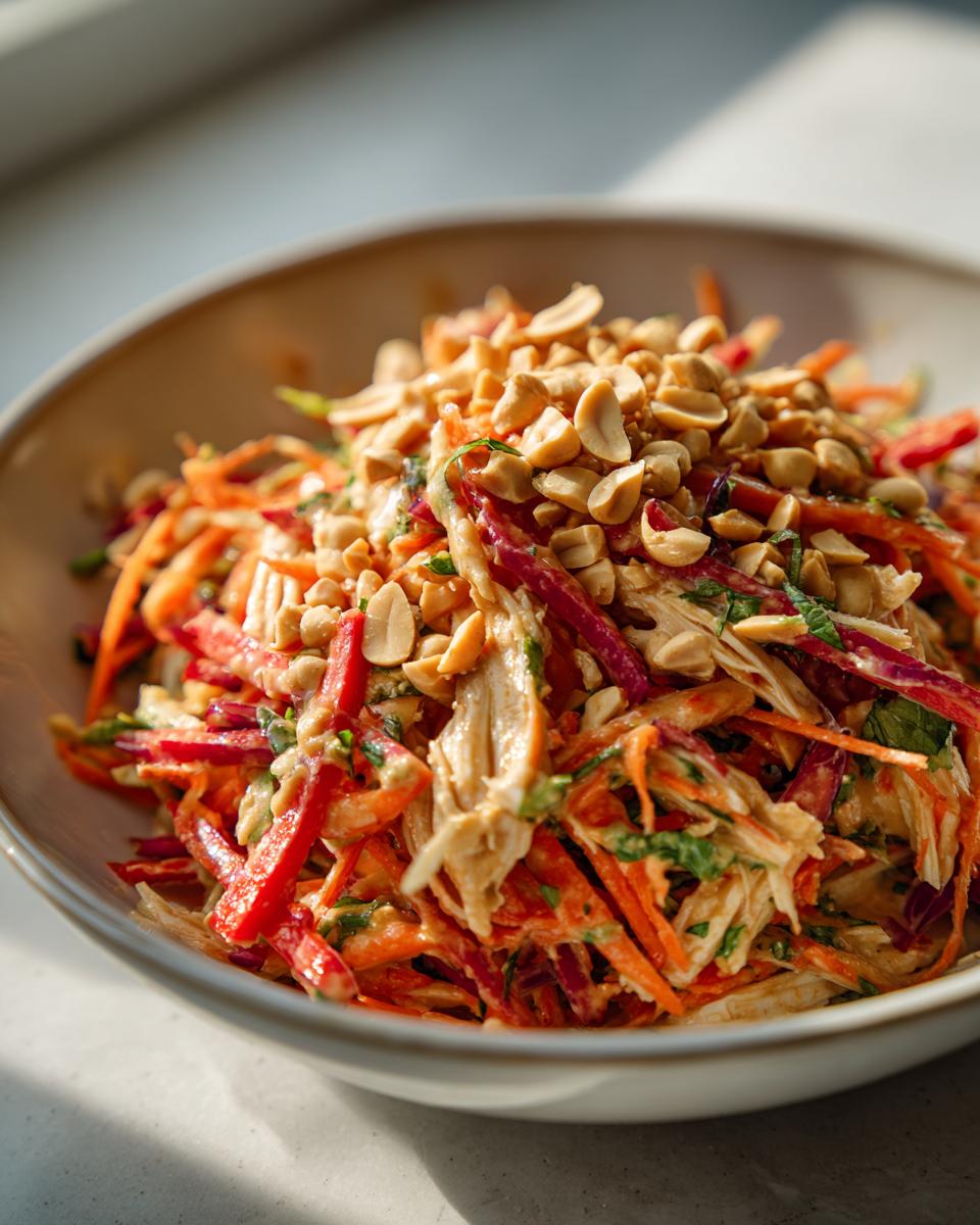 A vibrant bowl of Thai Chicken Salad With Peanut Dressing, topped generously with chopped peanuts.