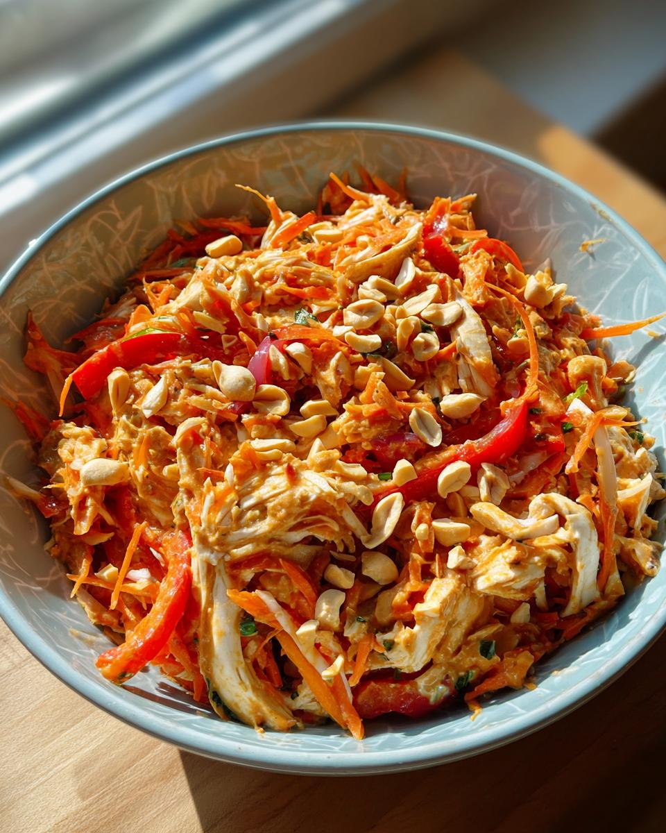 Close-up of Thai Chicken Salad With Peanut Dressing featuring shredded chicken, carrots, red peppers, and peanuts in a bowl.