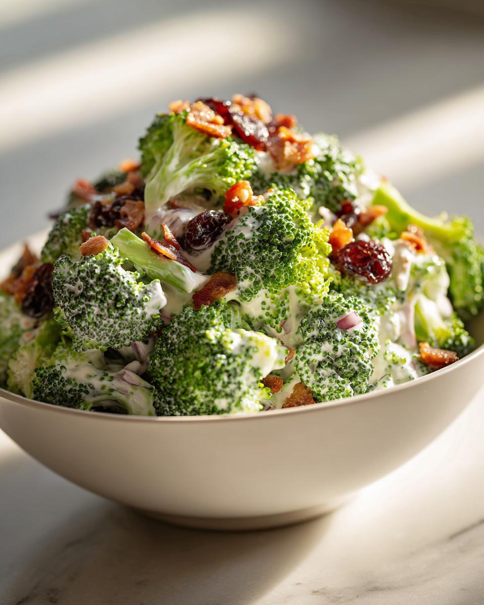 A close-up shot of The Best Broccoli Salad featuring creamy dressing, bright green florets, bacon bits, and dried cranberries.