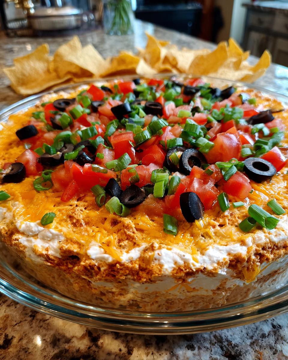A close-up of the finished TikTok Boat Dip in a glass dish, topped with cheese, tomatoes, olives, and green onions, served with tortilla chips.