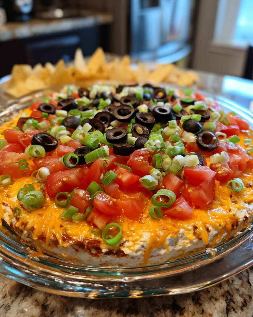 Close-up of a fully topped TikTok Boat Dip featuring shredded cheese, diced tomatoes, black olives, and green onions.