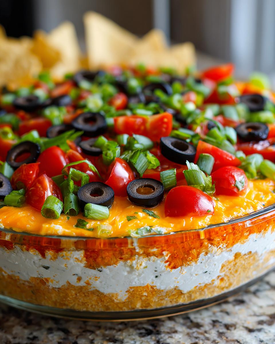 Close-up of a layered TikTok Boat Dip in a glass dish, topped with tomatoes, olives, and green onions.