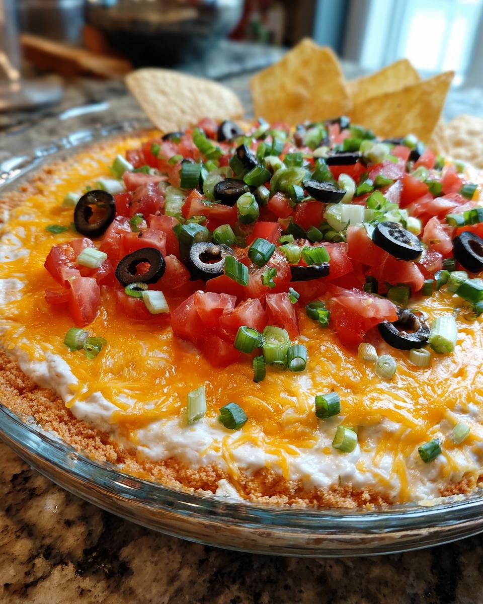 A close-up view of the finished TikTok Boat Dip in a glass dish, topped with shredded cheese, diced tomatoes, black olives, and green onions.