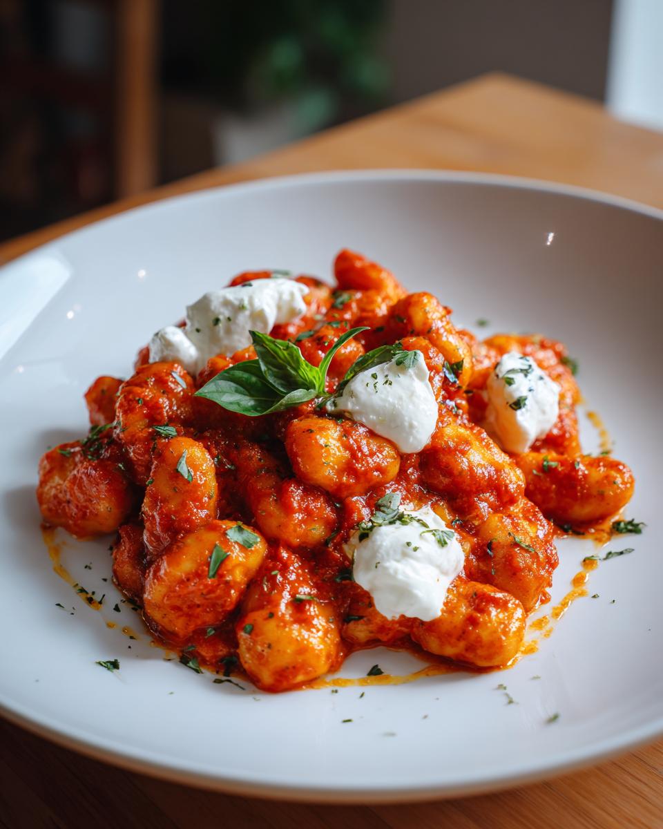 A close-up of rich Tomato Basil Gnocchi With Burrata served in a white bowl, garnished with fresh basil.