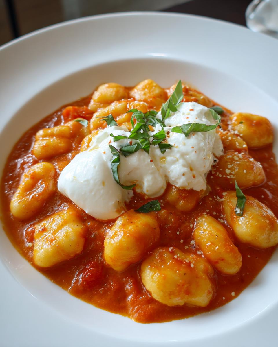 Close-up of Tomato Basil Gnocchi With Burrata served in a white bowl with fresh basil.