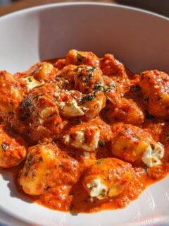 Close-up of rich Tomato Basil Gnocchi With Burrata coated in vibrant red sauce, served in a white bowl.