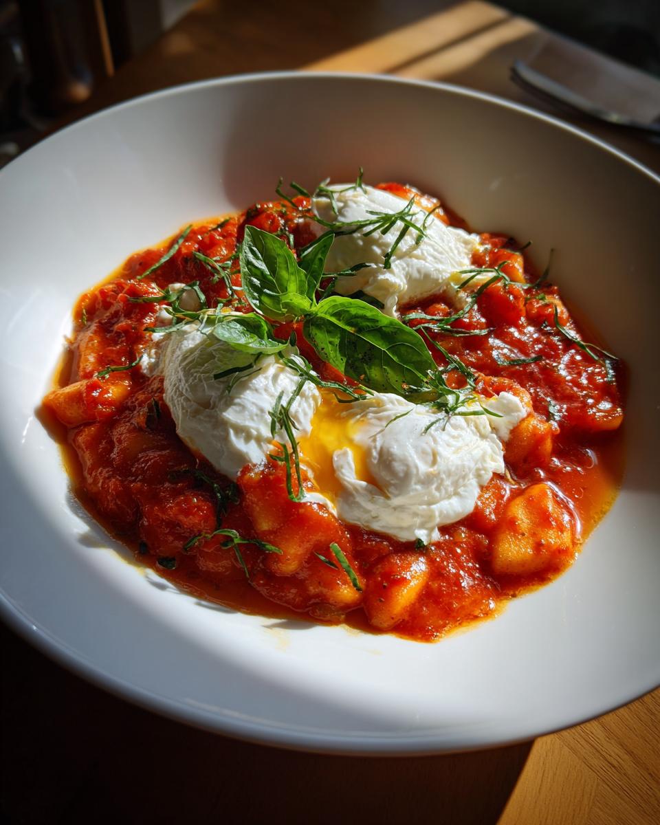 Close-up of rich Tomato Basil Gnocchi With Burrata, topped with fresh basil and creamy cheese, served in a white bowl.