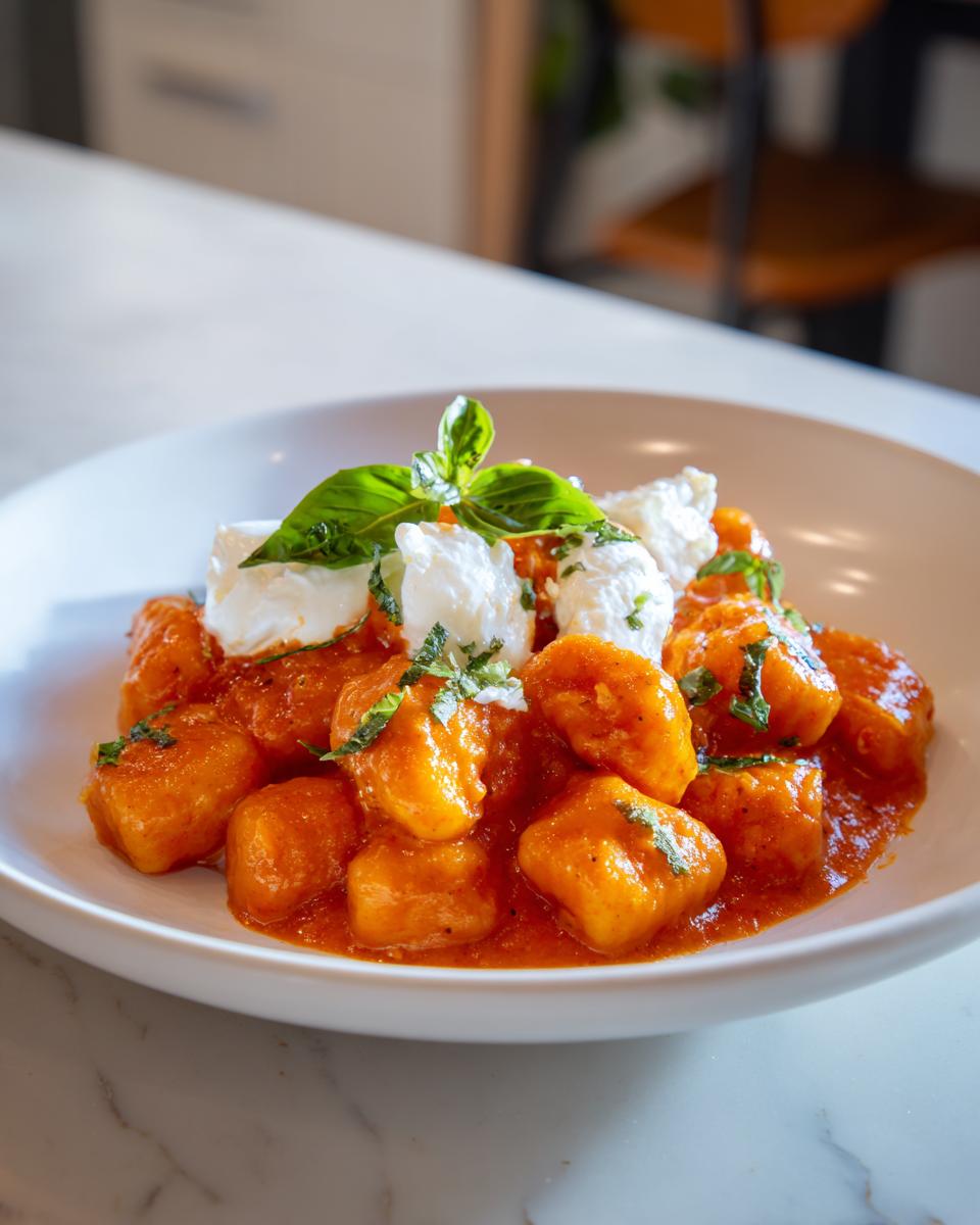 Close-up of rich Tomato Basil Gnocchi With Burrata, topped with fresh basil leaves and creamy white cheese.