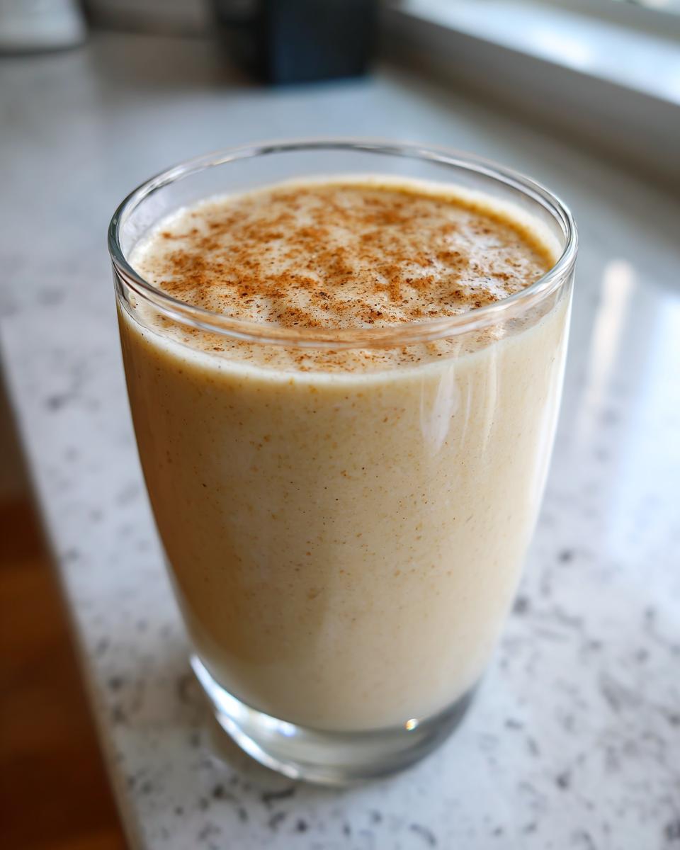 A creamy Vanilla Chai Protein Shake topped with a sprinkle of cinnamon in a clear glass.