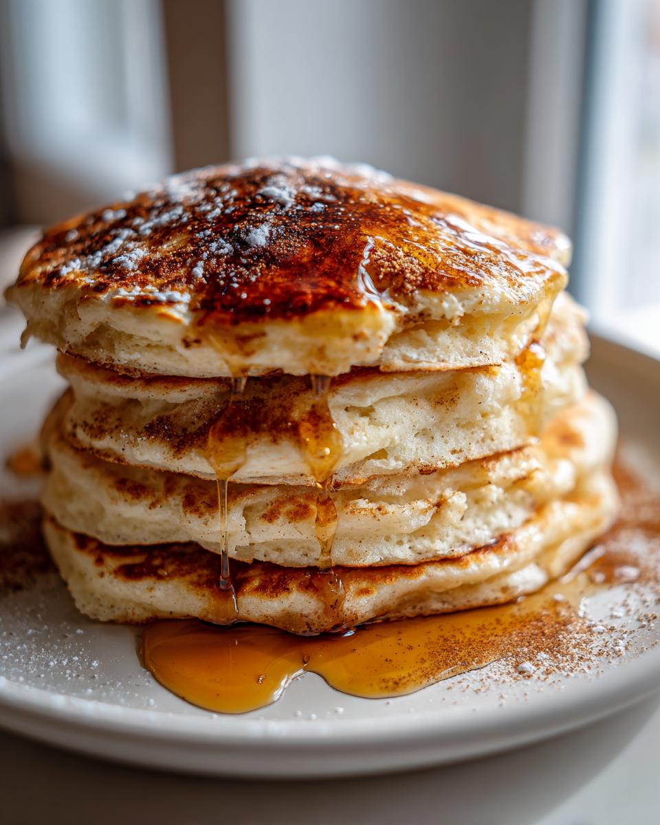 A tall stack of fluffy Vanilla Cinnamon Buttermilk Pancakes drizzled with syrup and dusted with cinnamon and powdered sugar.