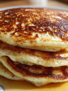 Close-up of a tall stack of fluffy Vanilla Cinnamon Buttermilk Pancakes drizzled with syrup.