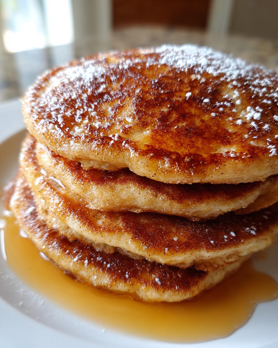 Close-up of a tall stack of golden Vanilla Cinnamon Buttermilk Pancakes drizzled with syrup and dusted with powdered sugar.
