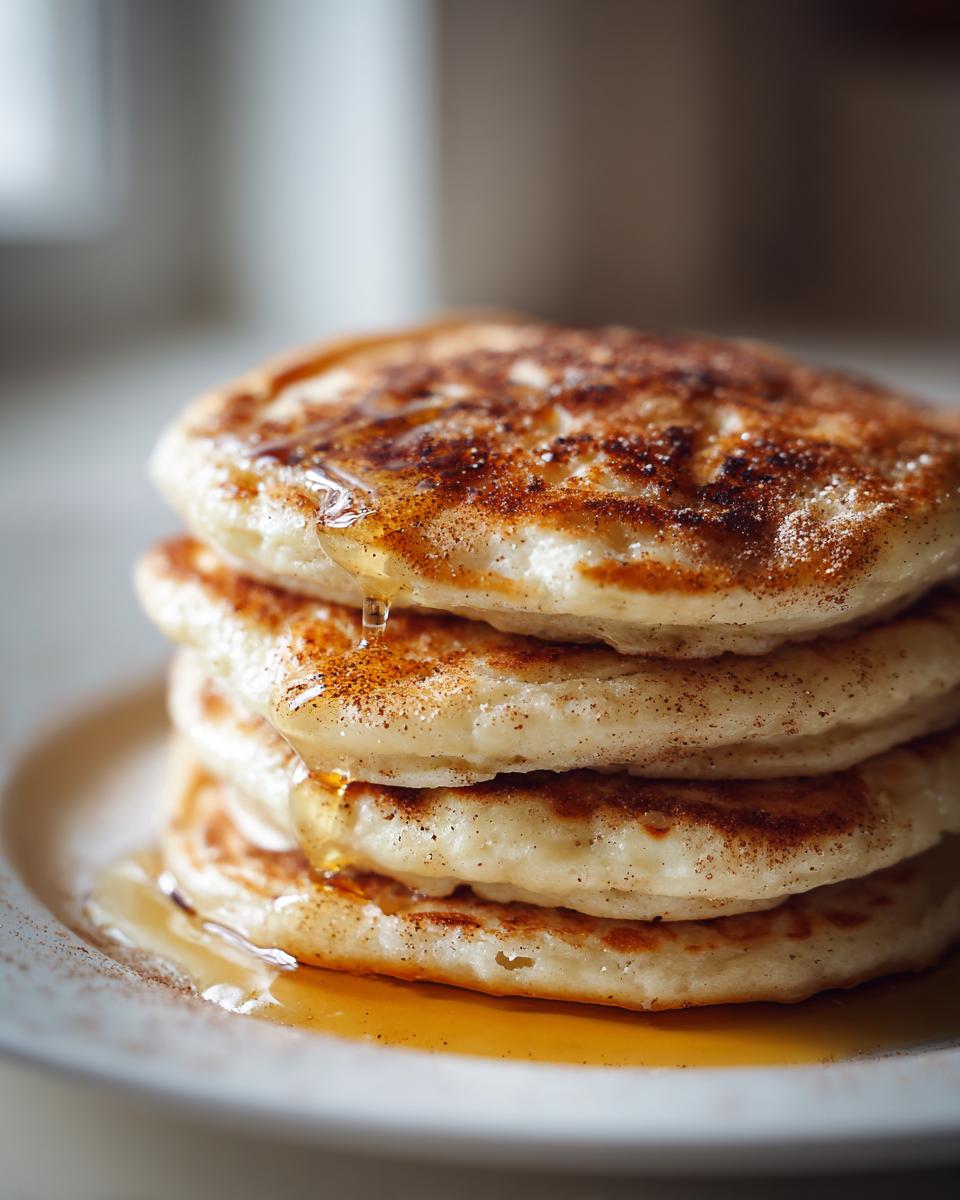 Close-up of a tall stack of fluffy Vanilla Cinnamon Buttermilk Pancakes drizzled with syrup.