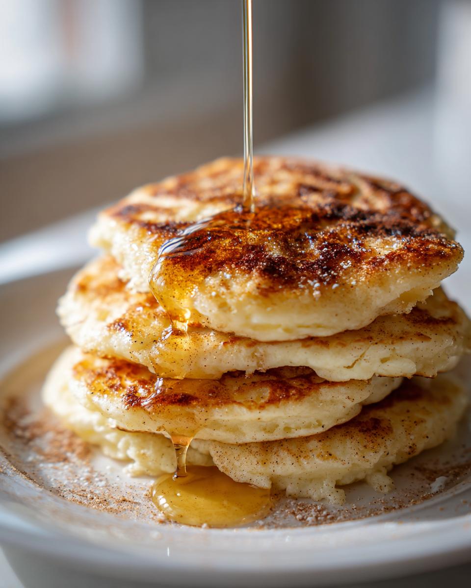 A close-up of a stack of three fluffy Vanilla Cinnamon Buttermilk Pancakes being drizzled with golden syrup.