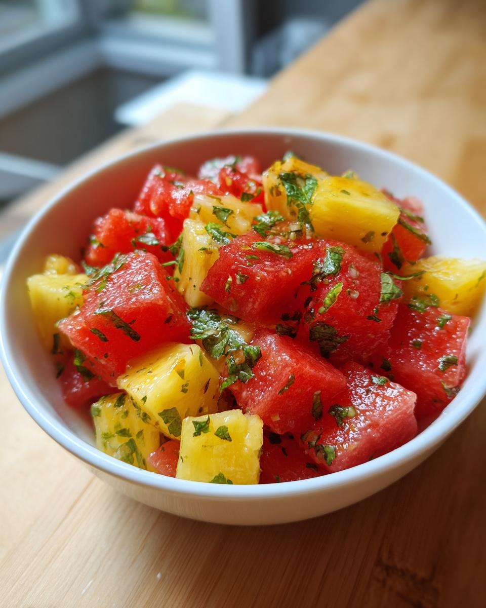 Close-up of a white bowl filled with cubes of watermelon and pineapple for the Watermelon Pineapple Salad Recipe, topped with mint.