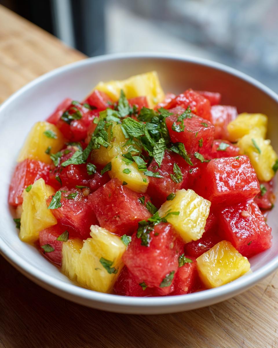 Close-up of a white bowl filled with diced watermelon and pineapple chunks for a Watermelon Pineapple Salad Recipe.