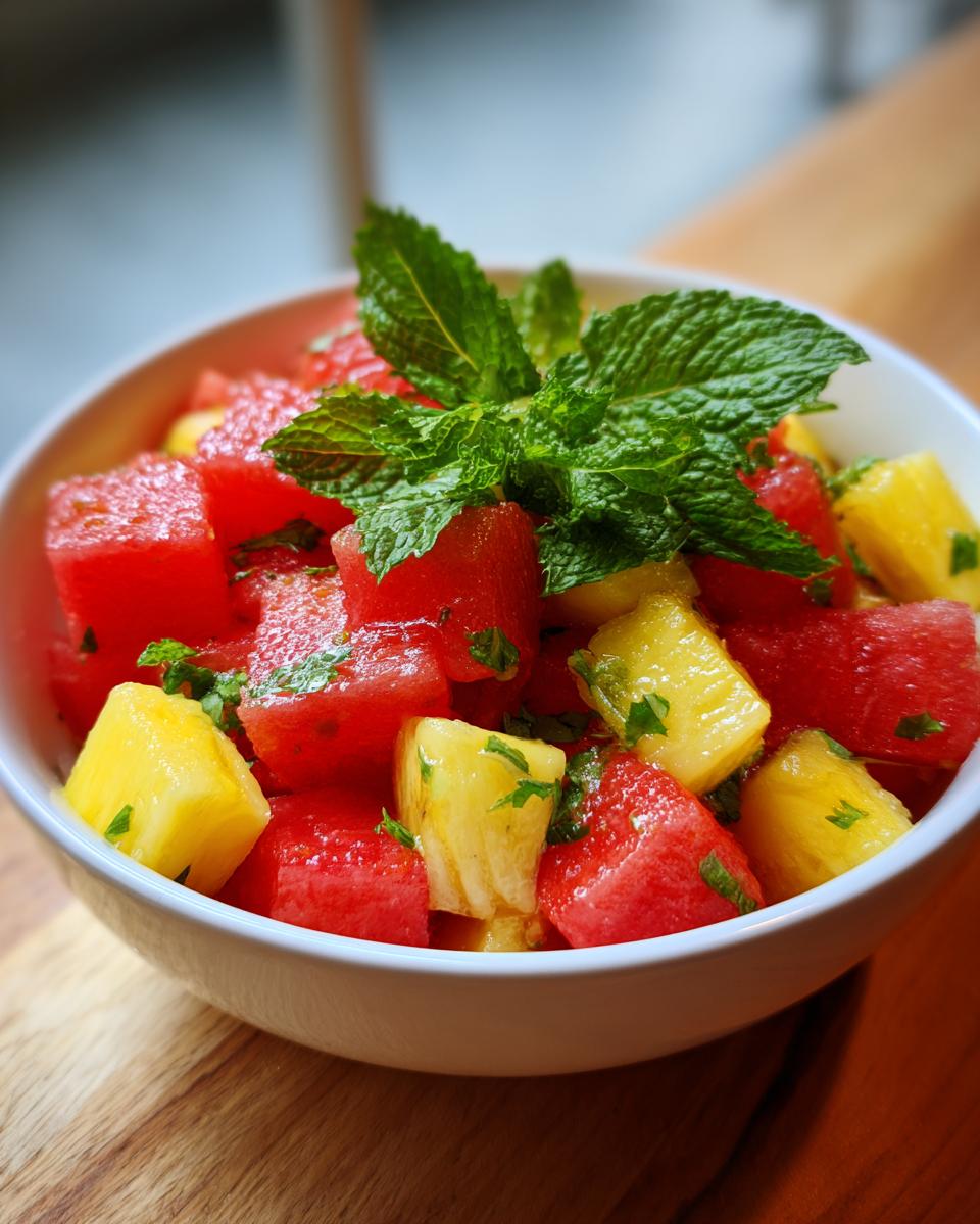 Close-up of a white bowl filled with cubed watermelon and pineapple for a Watermelon Pineapple Salad Recipe, topped with fresh mint.