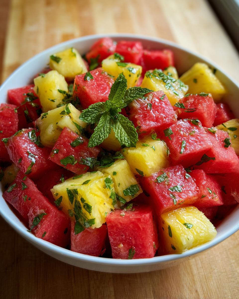 Close-up of a vibrant Watermelon Pineapple Salad Recipe, featuring cubed fruit garnished with mint.