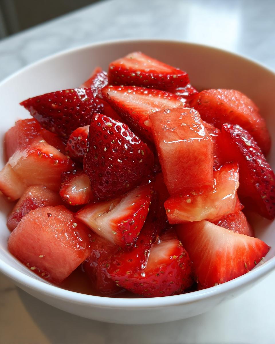 A close-up of chopped strawberries and watermelon chunks mixed together in a white bowl for a Watermelon Strawberry Salad.