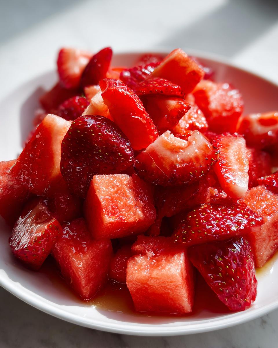 Close-up of chopped watermelon and strawberries ready for the Watermelon Strawberry Salad With Lime Honey Dressing.