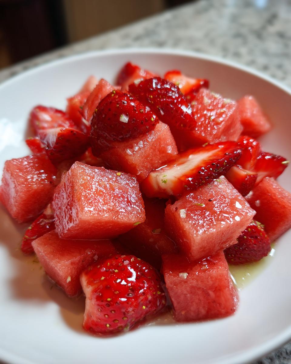 Close-up of juicy watermelon cubes and sliced strawberries coated in lime honey dressing for Watermelon Strawberry Salad.