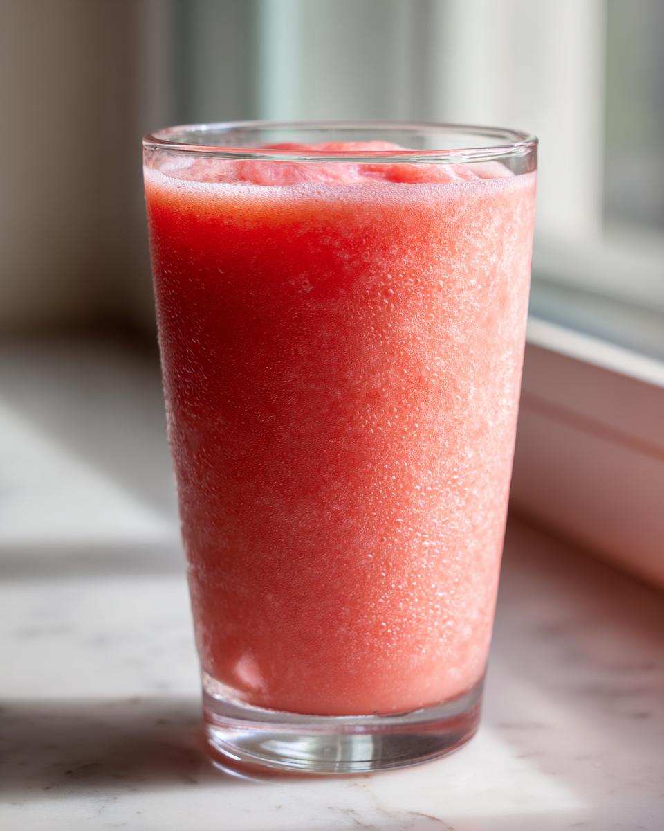 Close-up of a tall glass filled with a bright pink, icy Watermelon Strawberry Smoothie.