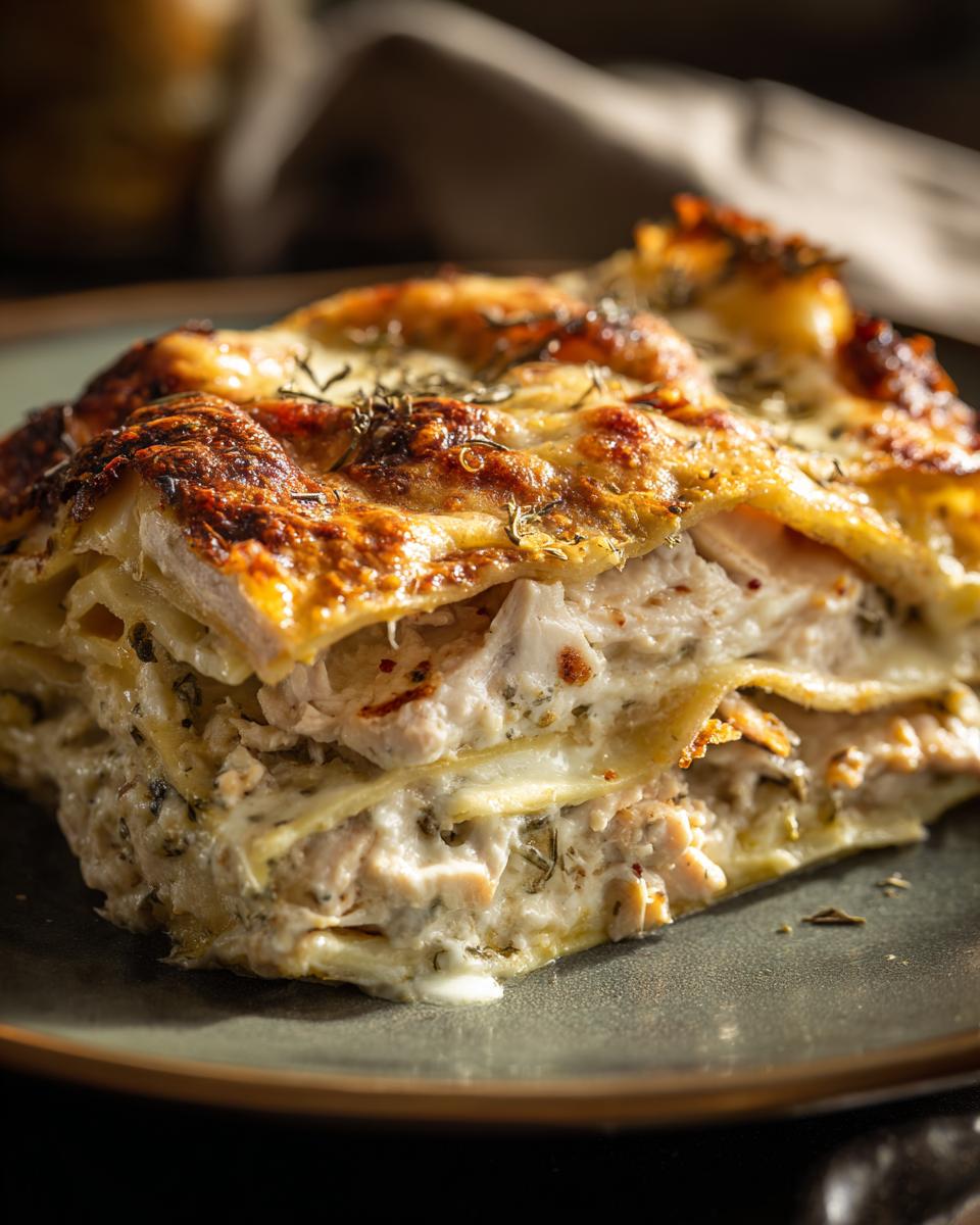 A close-up slice of White Cheese Chicken Lasagna showing layers of pasta, creamy filling, and a browned, cheesy top.