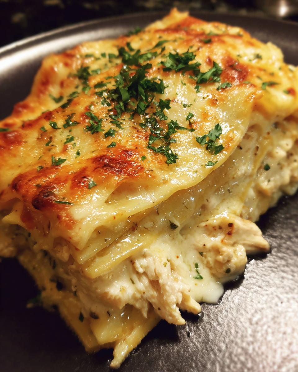 Close-up of a rich slice of White Cheese Chicken Lasagna, showing layers and a browned cheese top garnished with parsley.