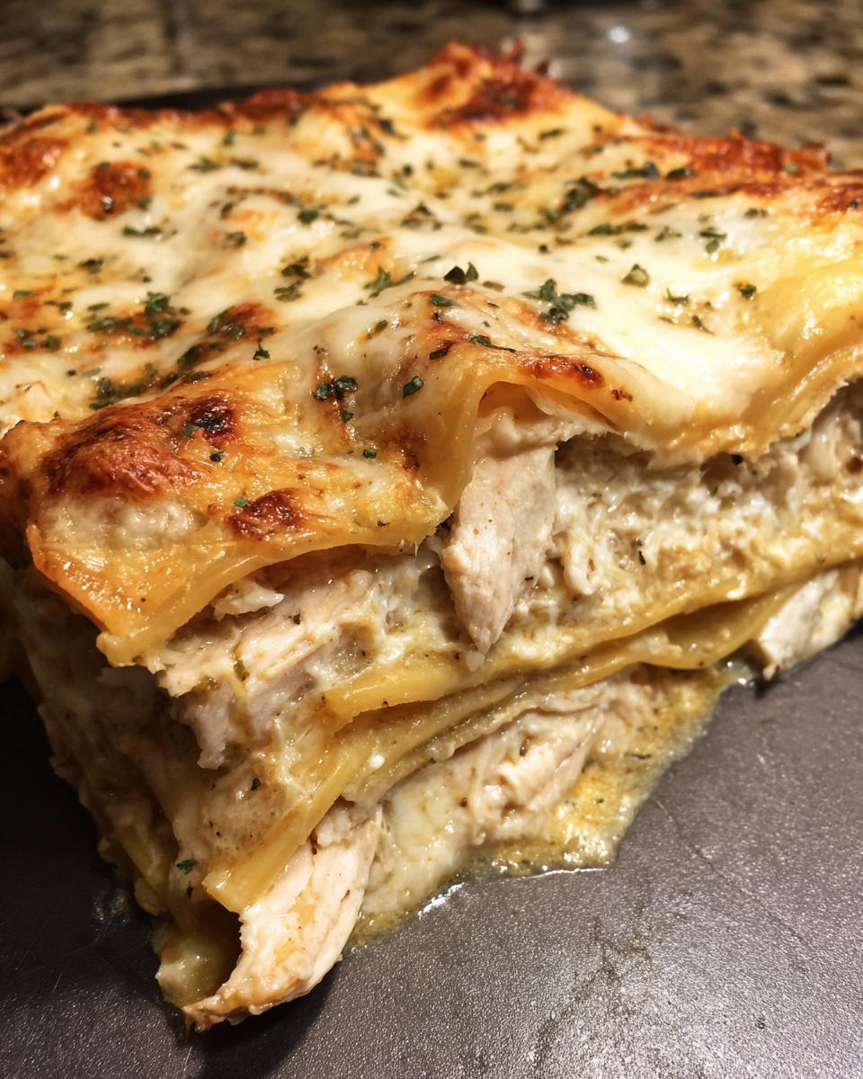 Close-up of a thick slice of White Cheese Chicken Lasagna showing layers of pasta, creamy filling, and shredded chicken.