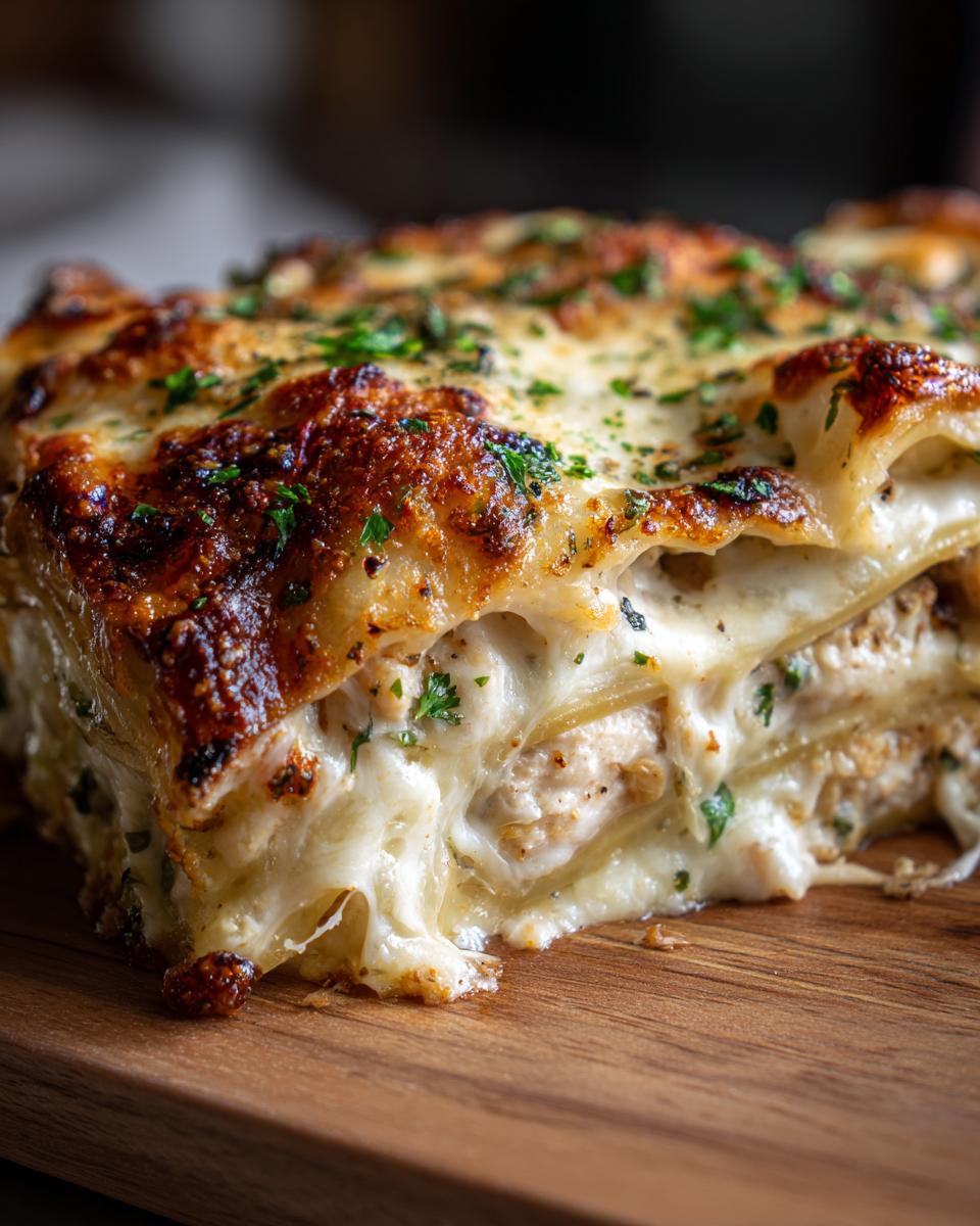 A close-up, appetizing slice of White Cheese Chicken Lasagna showing melted, browned cheese and creamy chicken filling on a wooden board.