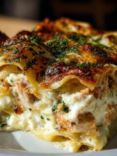 Close-up of a rich slice of White Cheese Chicken Lasagna showing layers of pasta, creamy white sauce, chicken, and a browned, herbed top.