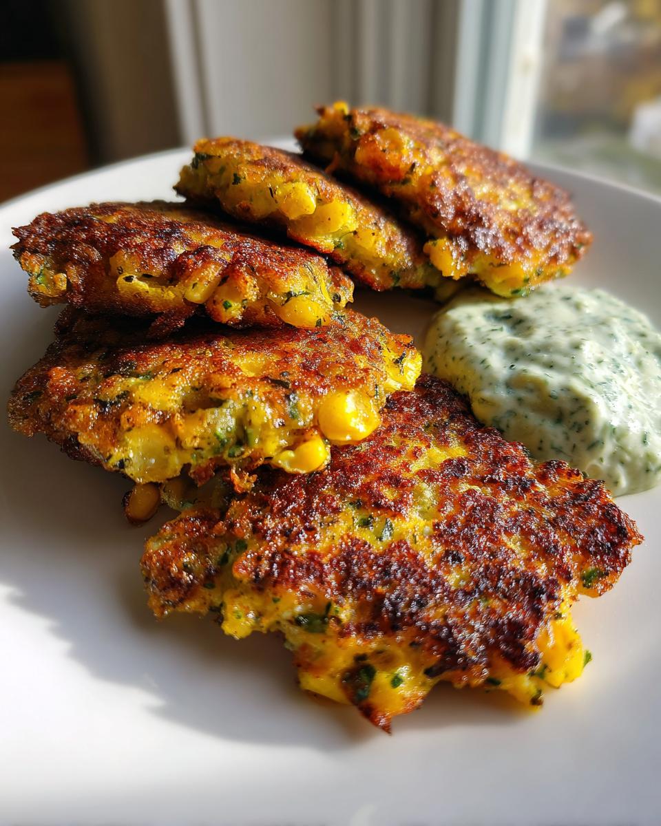 A stack of golden brown Zucchini And Corn Fritters served next to a dollop of green herb sour cream dip.