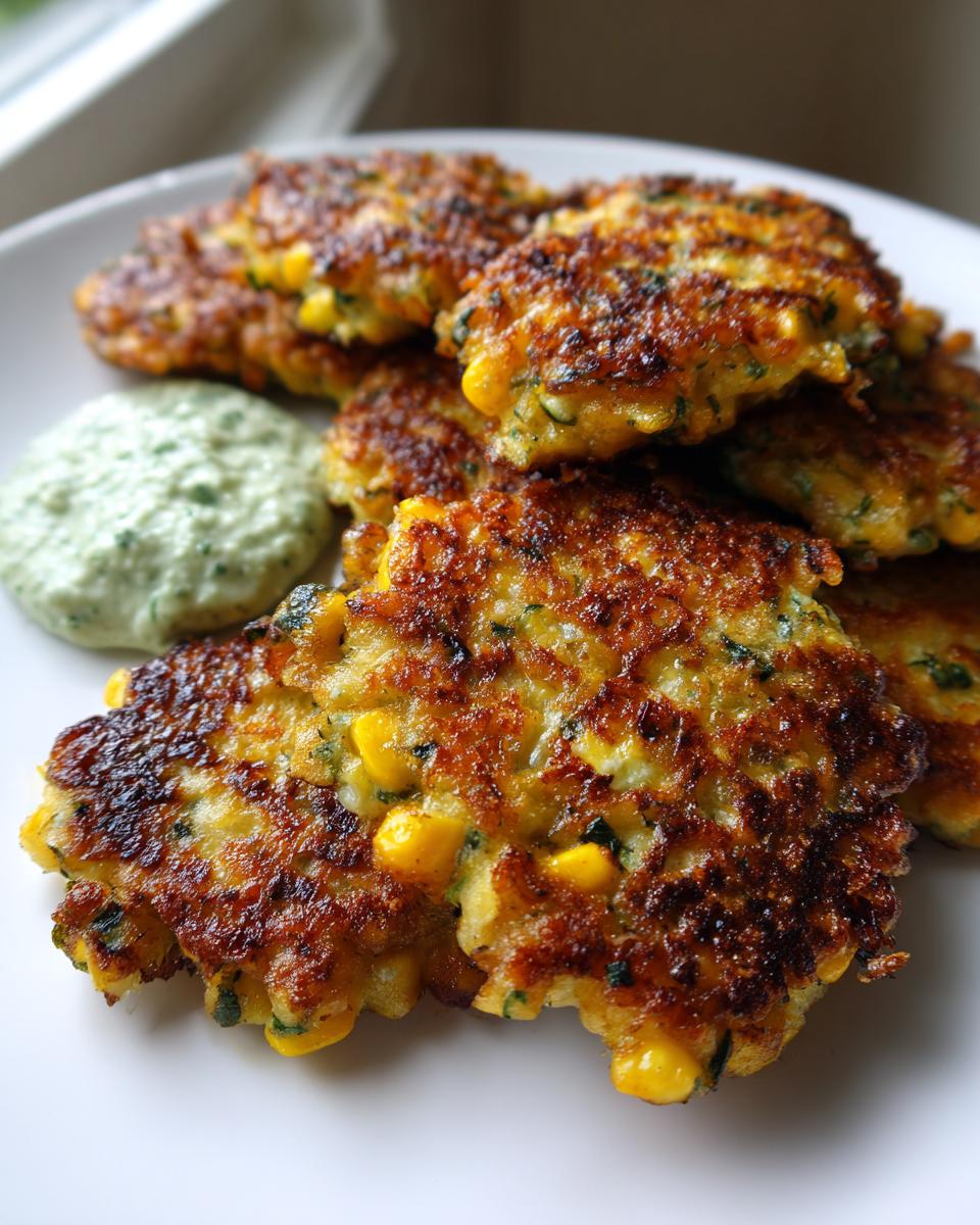 A stack of golden brown Zucchini And Corn Fritters served with a dollop of green herb sour cream dip on a white plate.