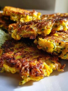 A stack of golden brown Zucchini And Corn Fritters served next to a dollop of green herb sour cream dip.