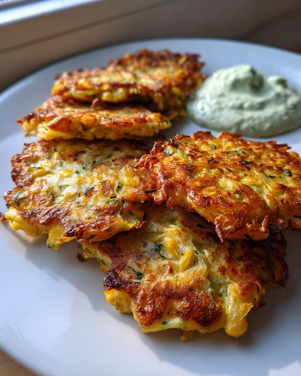 A stack of golden brown Zucchini And Corn Fritters served on a white plate next to a dollop of green herb sour cream.