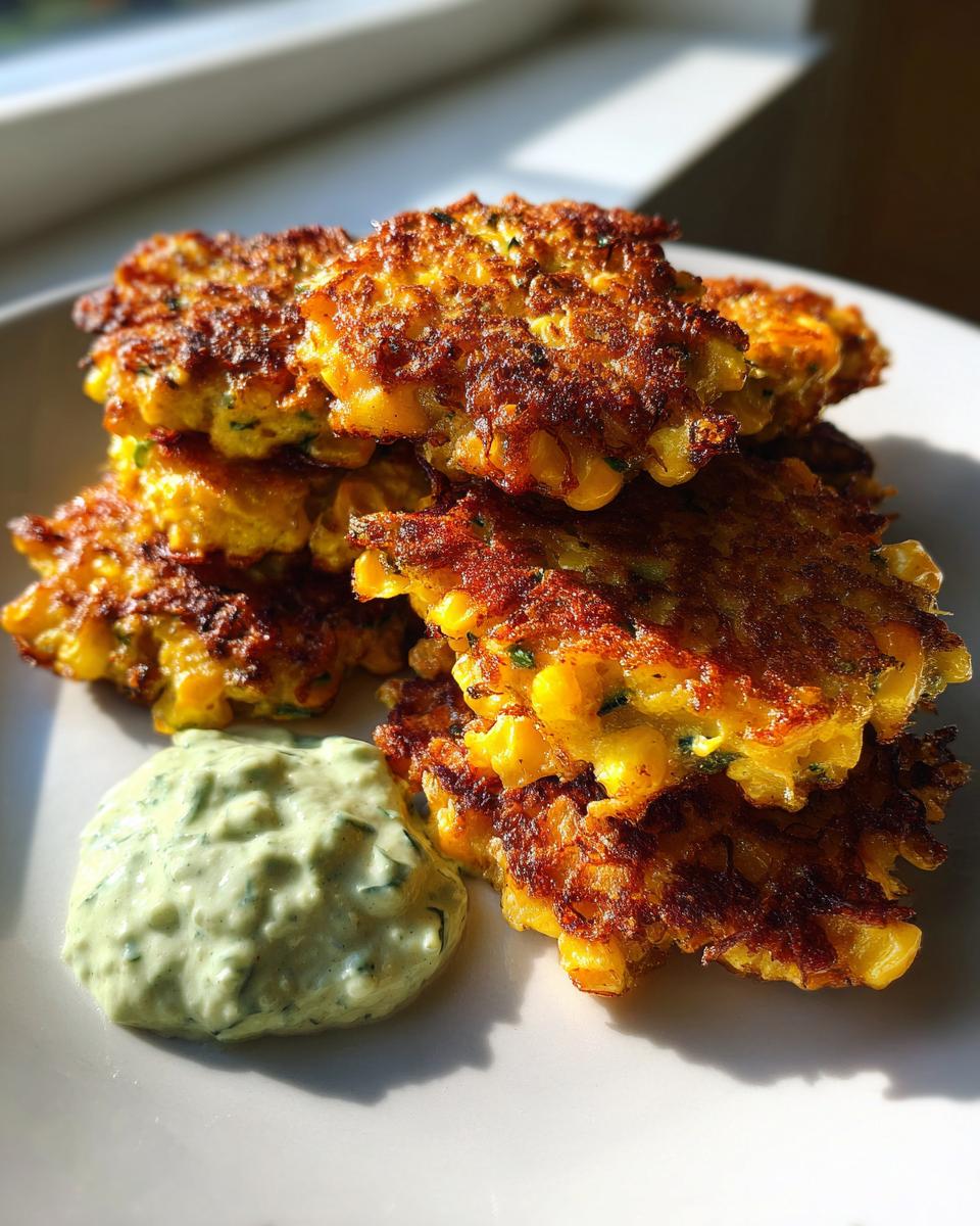 A stack of golden brown Zucchini And Corn Fritters served next to a dollop of green herb sour cream dip.
