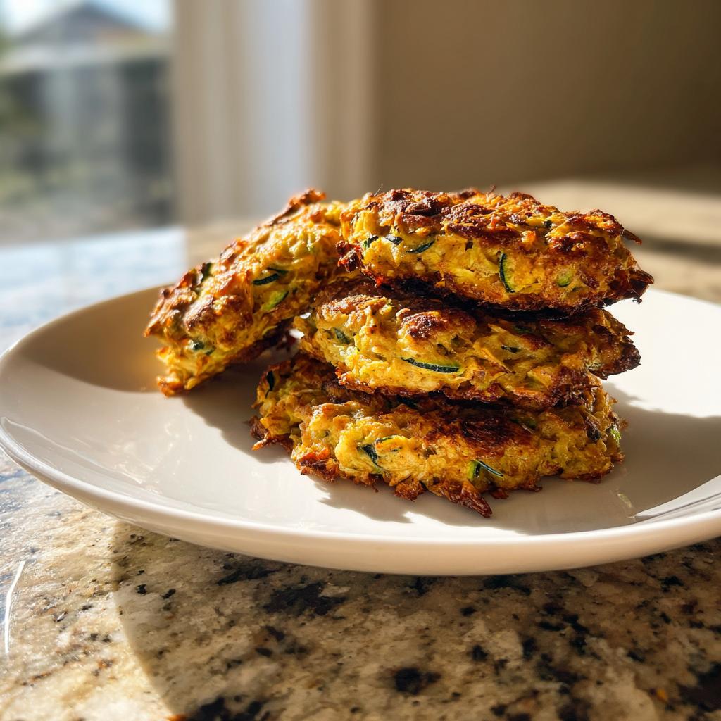 A stack of four golden brown Zucchini Bread Breakfast Cookies topped with visible rolled oats, served on a white plate.