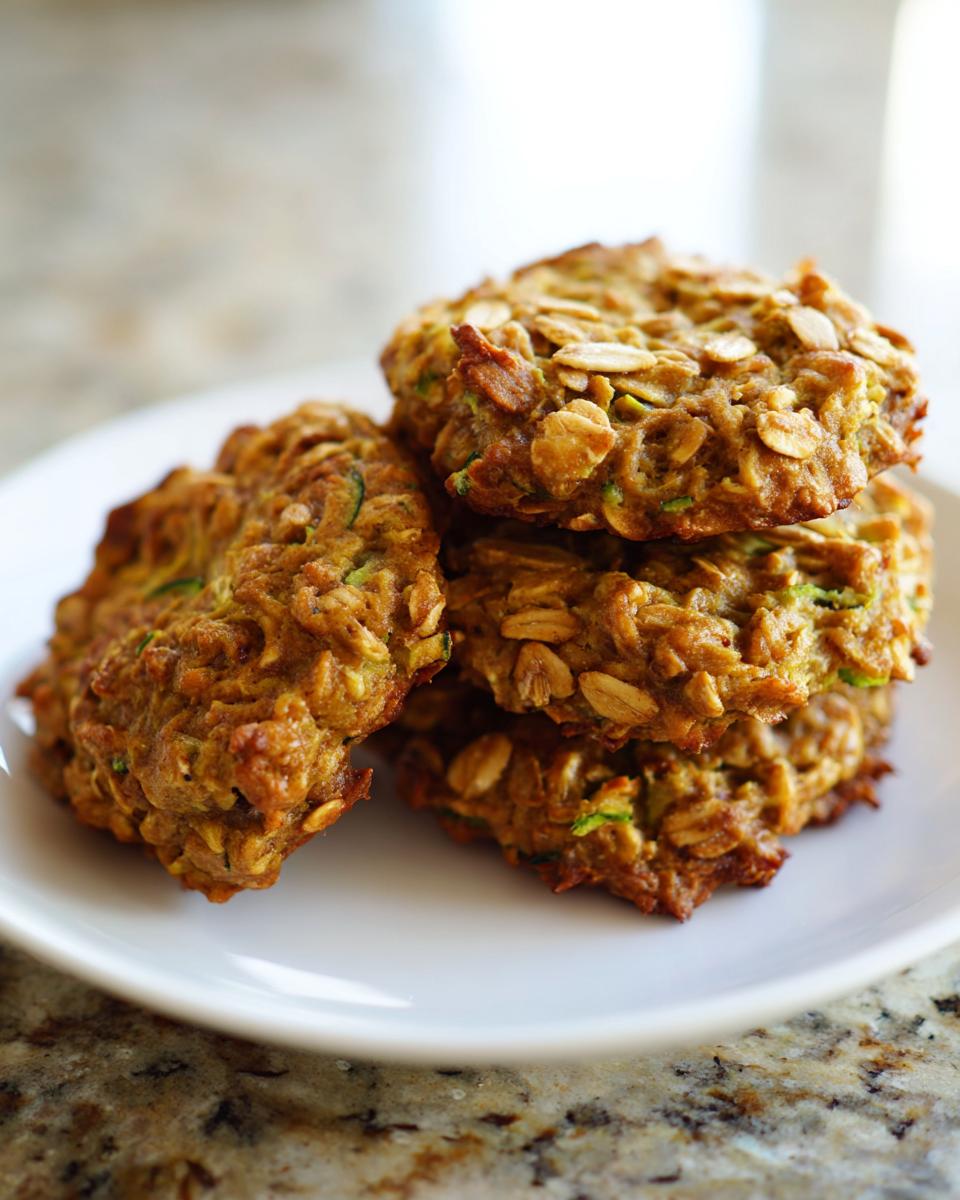 A stack of four golden brown Zucchini Bread Breakfast Cookies topped with visible rolled oats, served on a white plate.